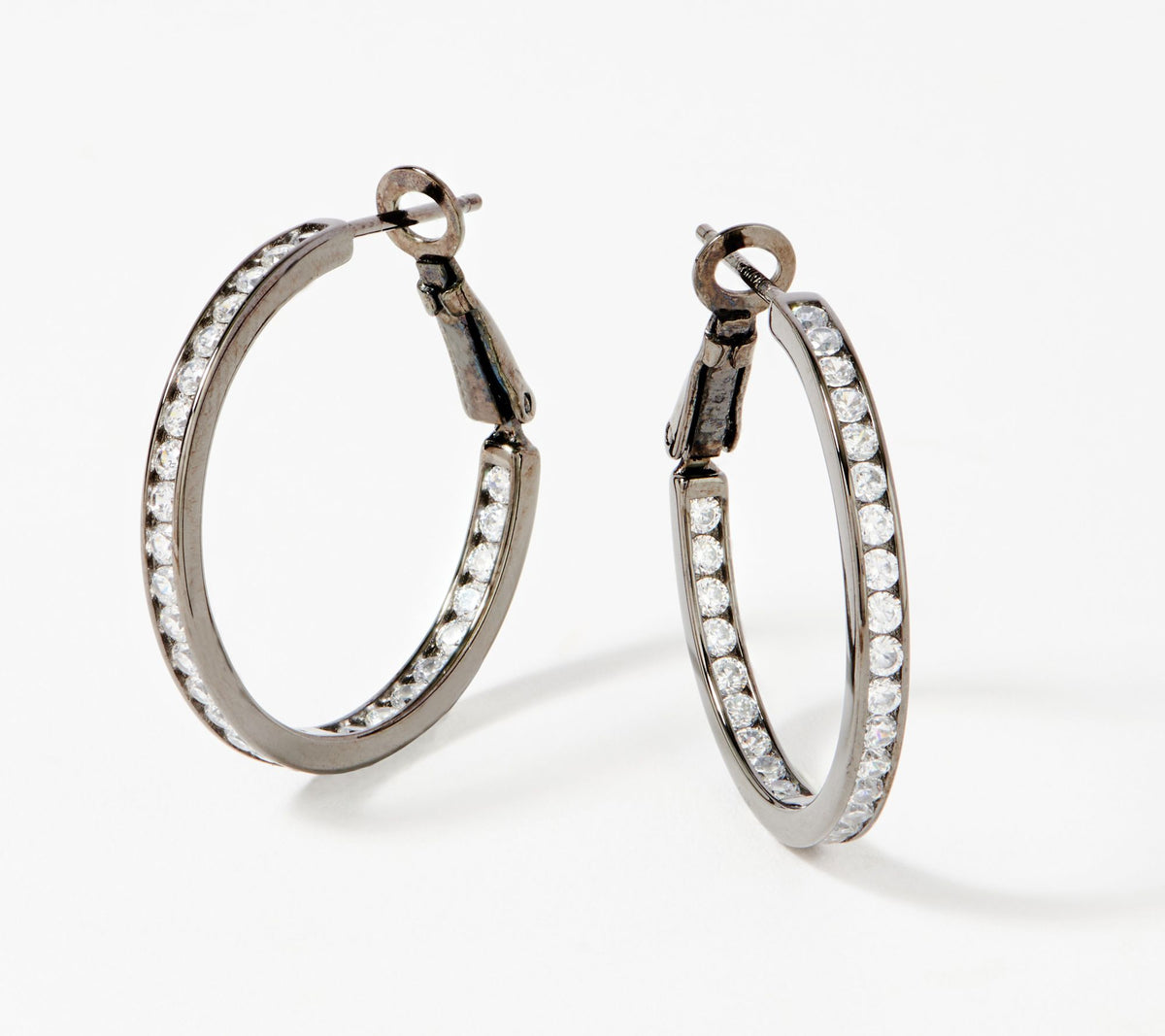 Diamonique Gunmetal-plated Sterling Silver 1" Round-Cut Channel-Set Hoop Earrings