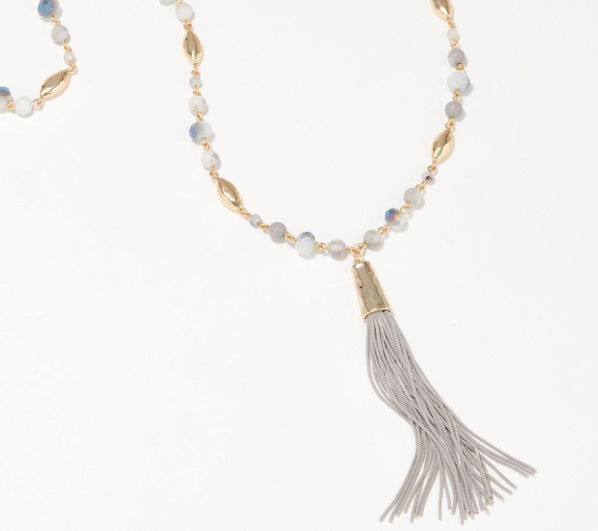 Denim & Co. Long Goldtone Gray Beaded Tassle Necklace 36"