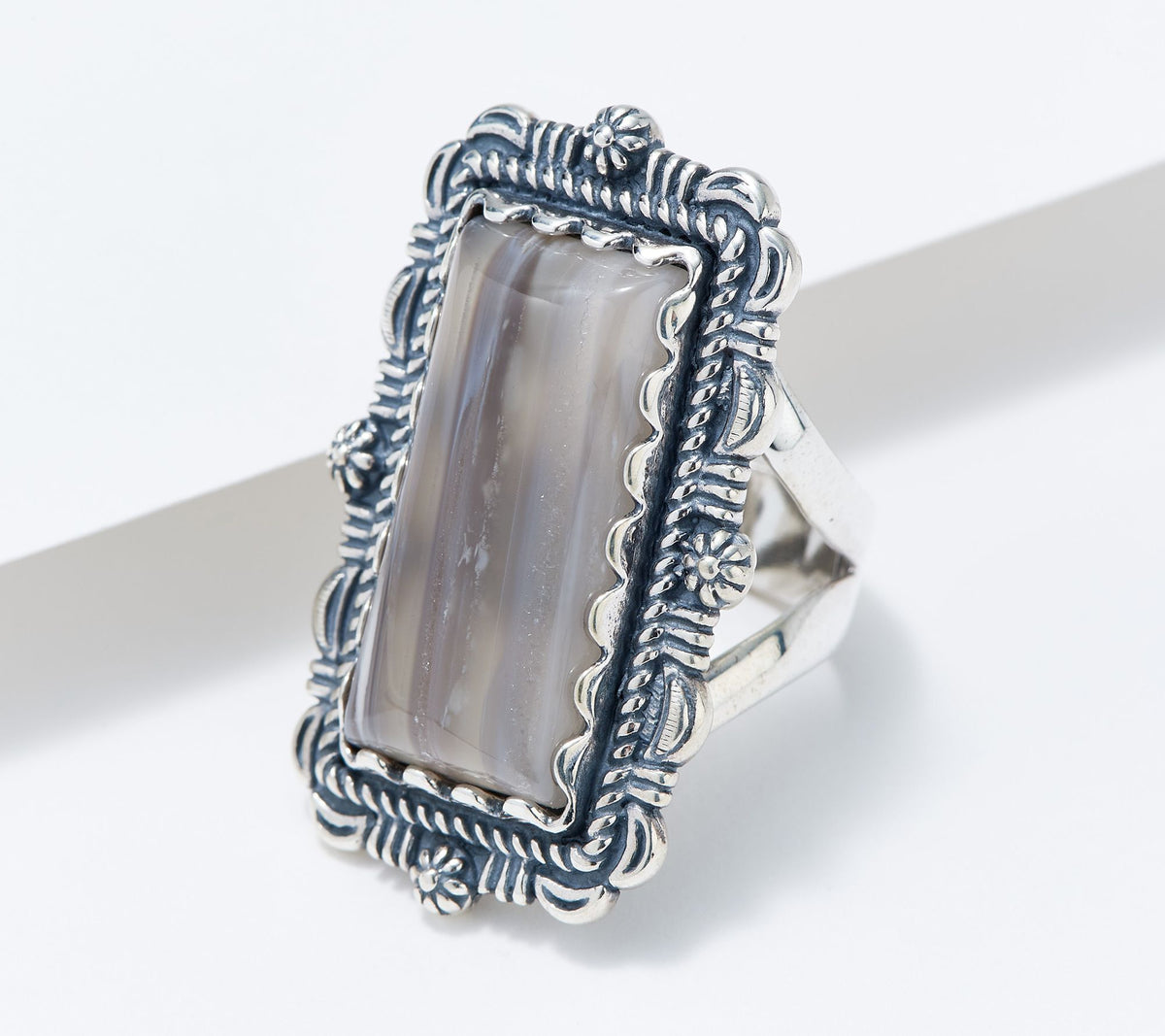 American West Sterling Silver Rectangular Gray Agate Ring, Size 6