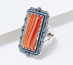 American West Sterling Silver Rectangular Orange Agate Gemstone Ring, Size 8