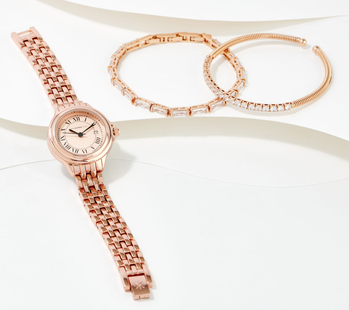 Isaac Mizrahi Live! Rosetone Rectangle Panther Link Watch and Bracelet Set