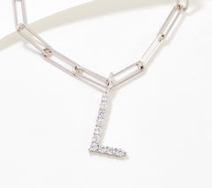 Diamonique Sterling Silver CZ Paperclip Link Initial "L" Necklace. 18"