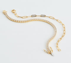 Diamonique Tennis & Paper Clip Bracelet Set GP Sterling Silver, 8"