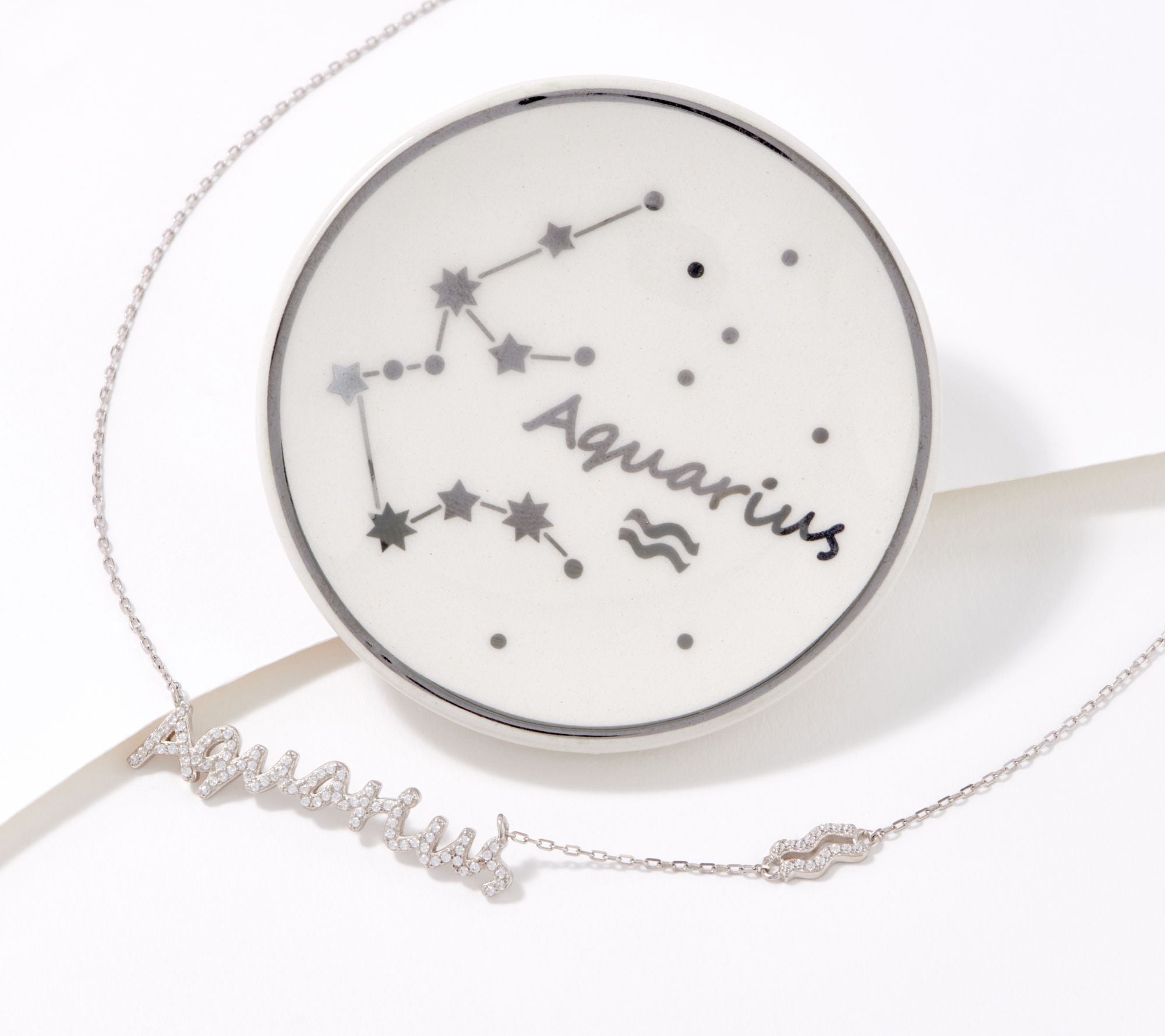 Diamonique Sterling Silver Zodiac "Aquarius" Necklace with Trinket Dish