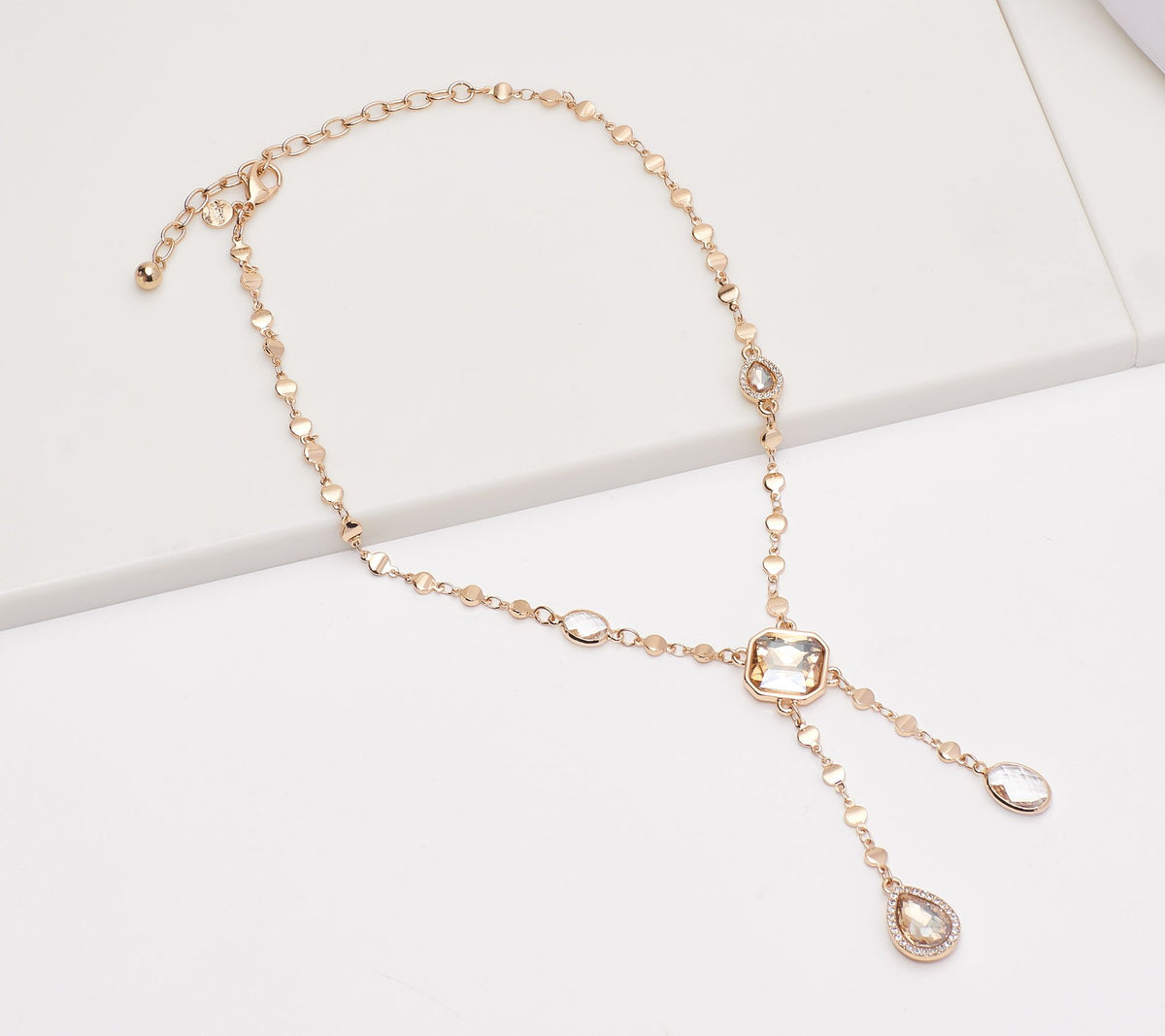 Susan Graver Stone & Crystal Drop Necklace, Champagne & Olive, Goldtone