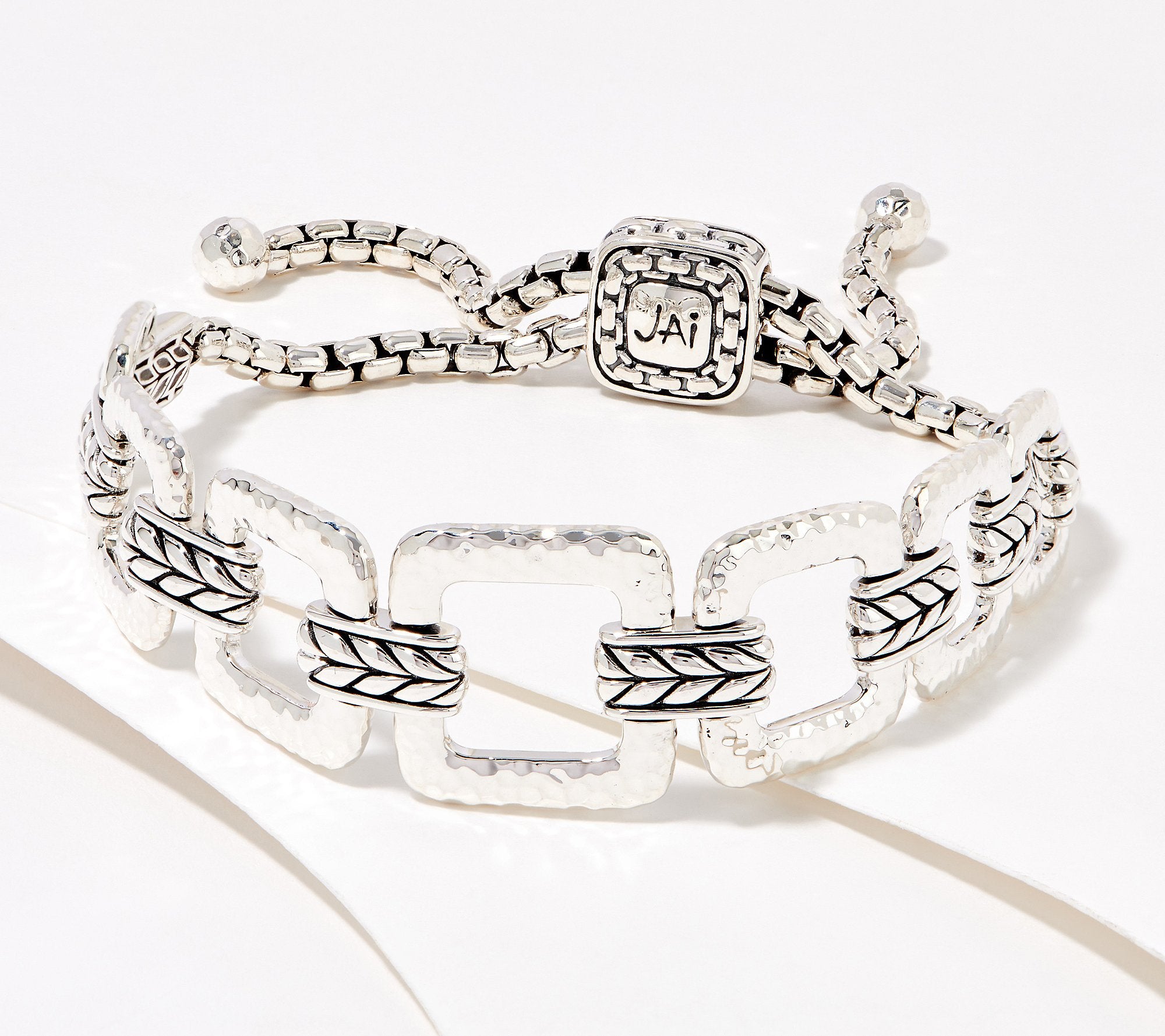 JAI Sterling Silver Hammered Link Adjustable Bracelet