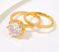 Diamonique Sterling Silver 14K goldclad Fleur Cut Halo Ring Set, Size 5