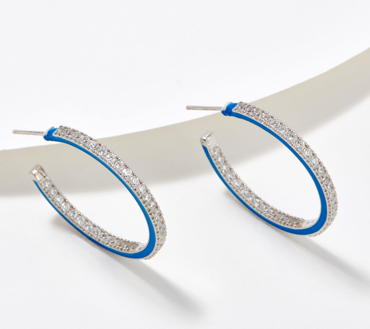 Diamonique Sterling Silver Inside Out Blue Enamel Hoop Earring