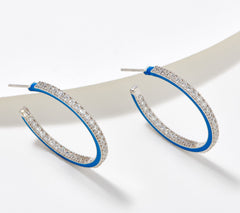 Diamonique Sterling Silver Inside Out Blue Enamel Hoop Earring
