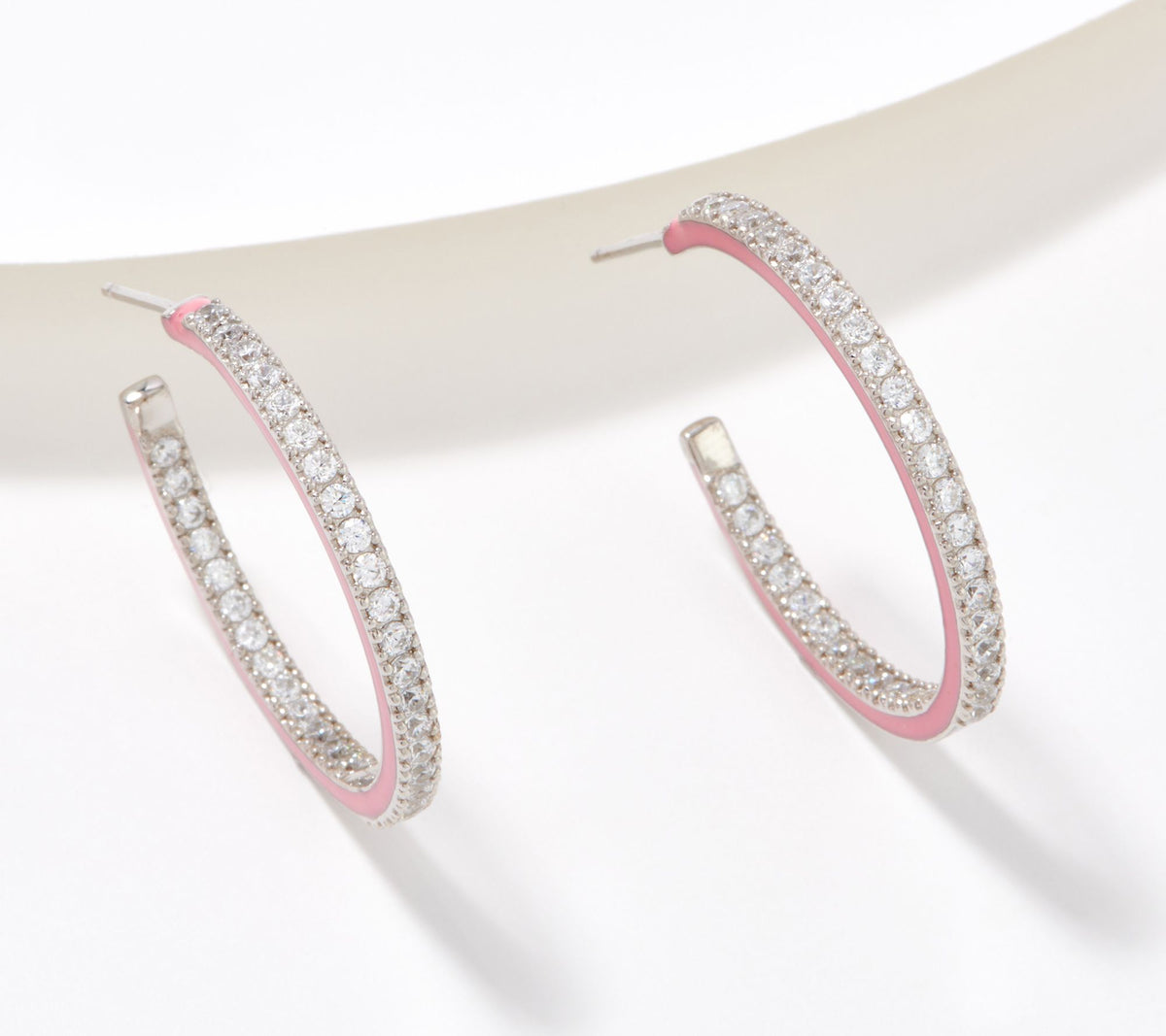 Diamonique Sterling Silver Inside Out Pink Enamel Hoop Earring
