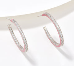 Diamonique Sterling Silver Inside Out Pink Enamel Hoop Earring