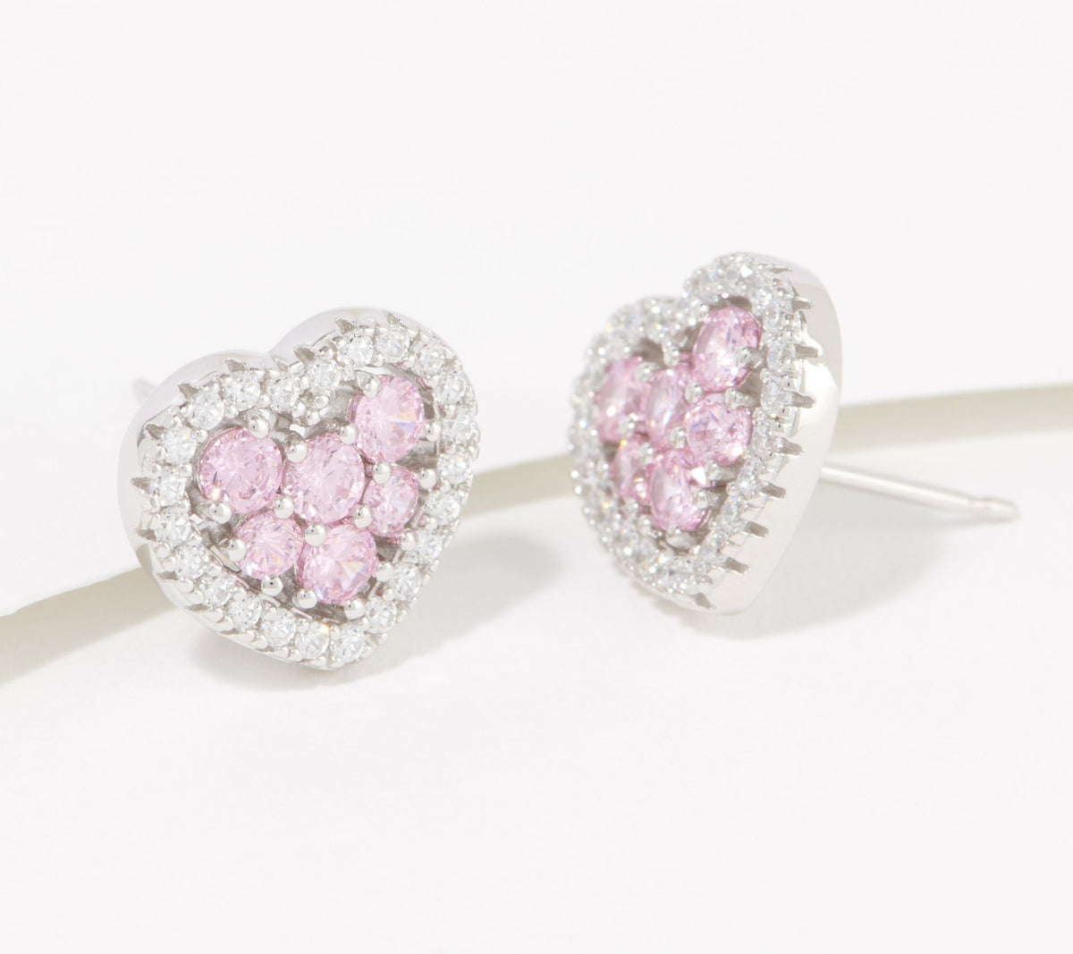 Diamonique Pink Color Heart Sterling Silver Stud Earrings