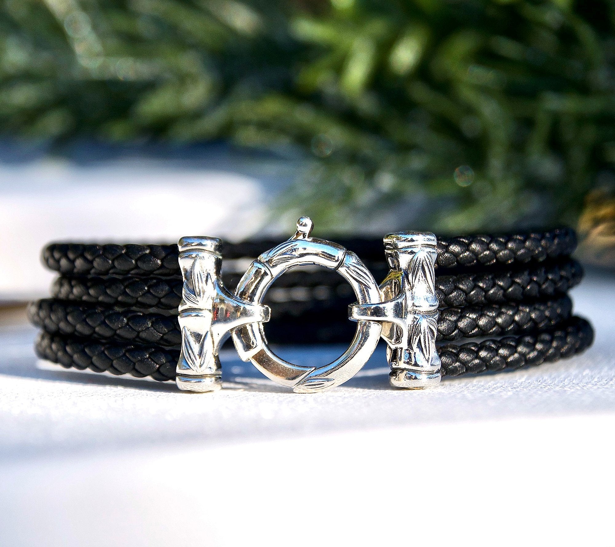 JAI Sterling Silver Multi-Strand Leather Bracelet, Black 6-1/4"