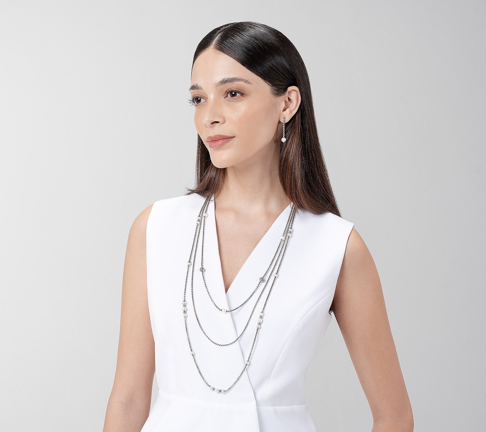 JAI Sterling Silver Cultured Pearl Chain Earrings, 1-1/2"