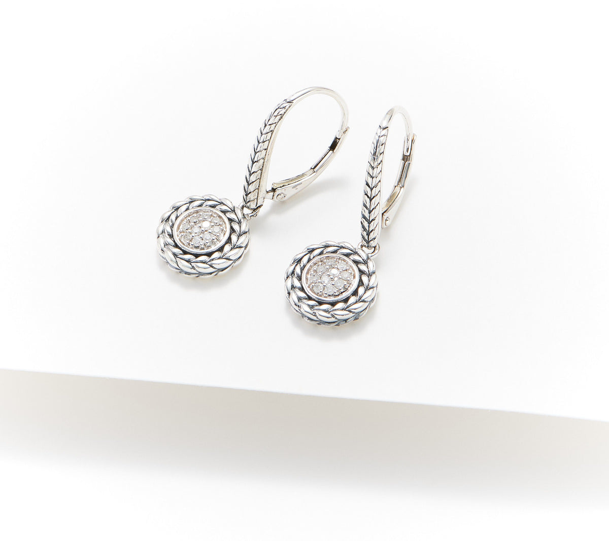 JAI Sterling Silver Pave Diamond Lever Back Earrings, 1-1/4"