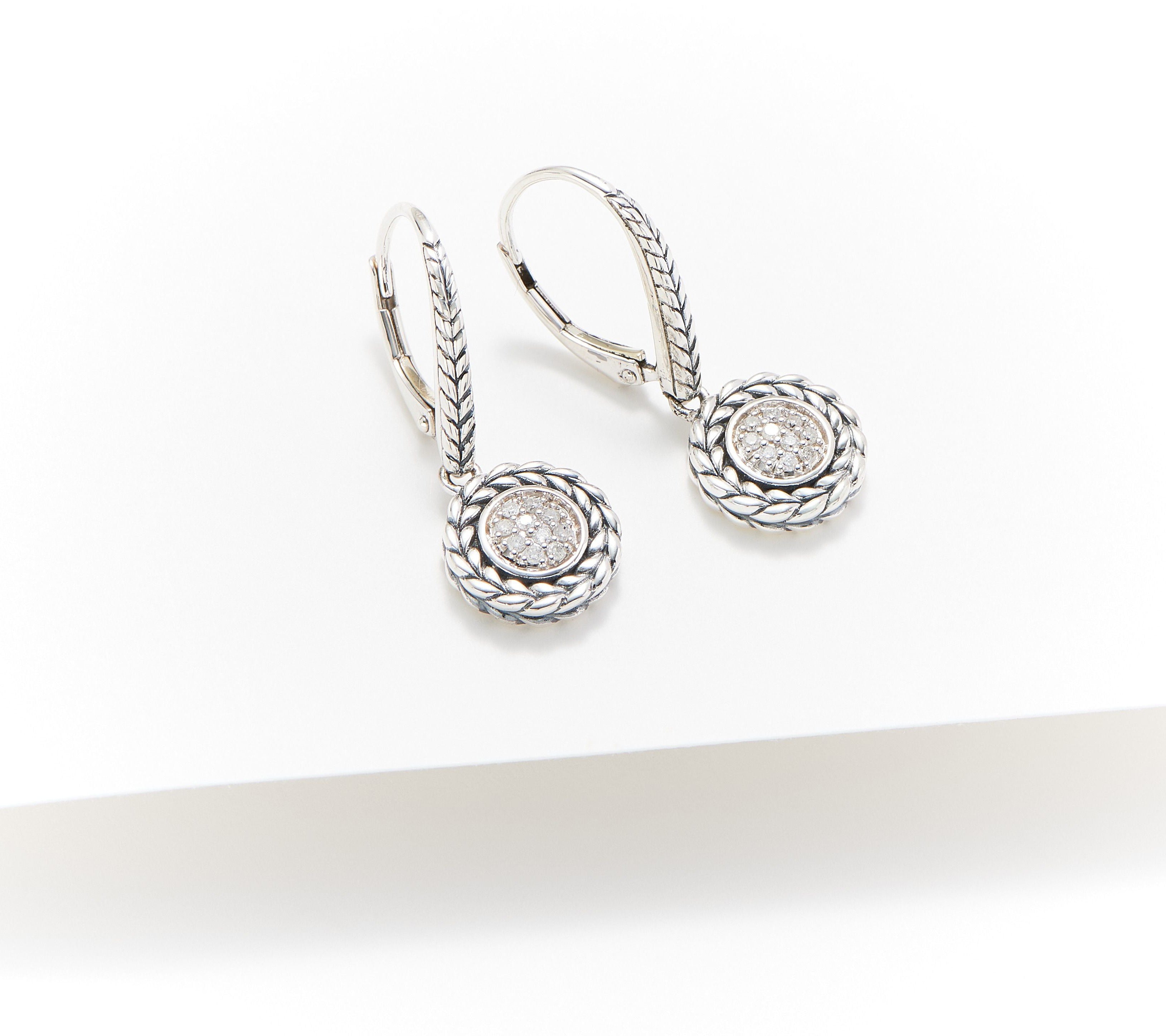 JAI Sterling Silver Pave Diamond Lever Back Earrings, 1-1/4"