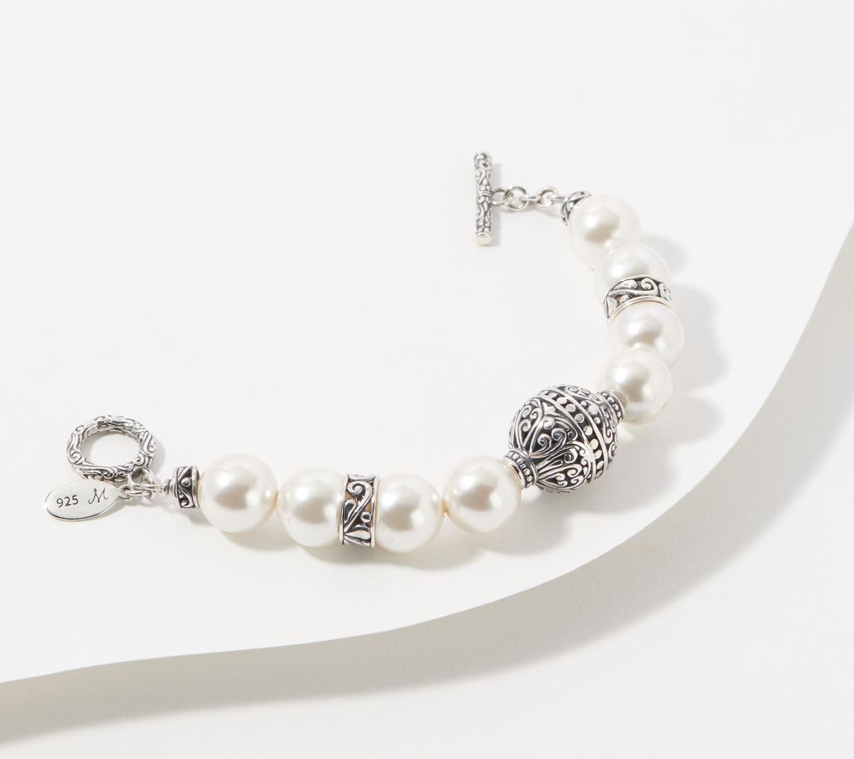 Artisan Crafted White Simulated Pearl Bracelet, Sterling Silver