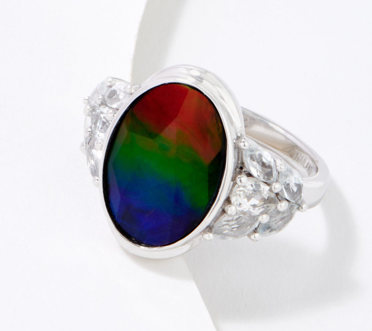 QVC Sterling Silver Oval Canadian Ammolite & White Topaz Ring, Size 5