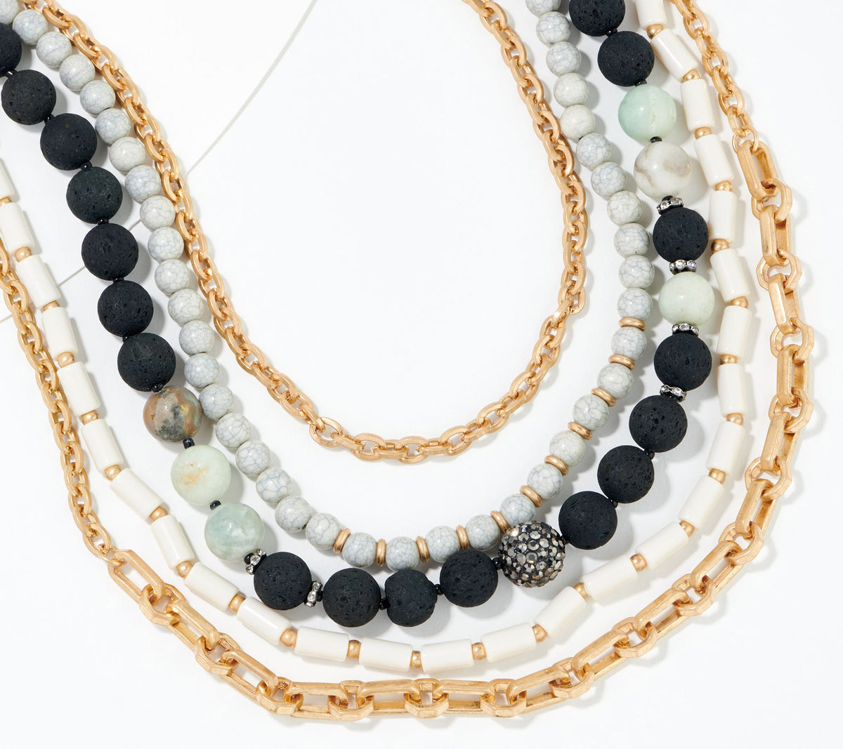 Susan Graver Multi-Strand Bead & Chain Necklace, Goldtone