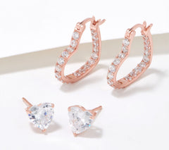 Diamonique Sterling Silver Roseclad Heart Stud & Hoop Earrings Set of 2 Boxed