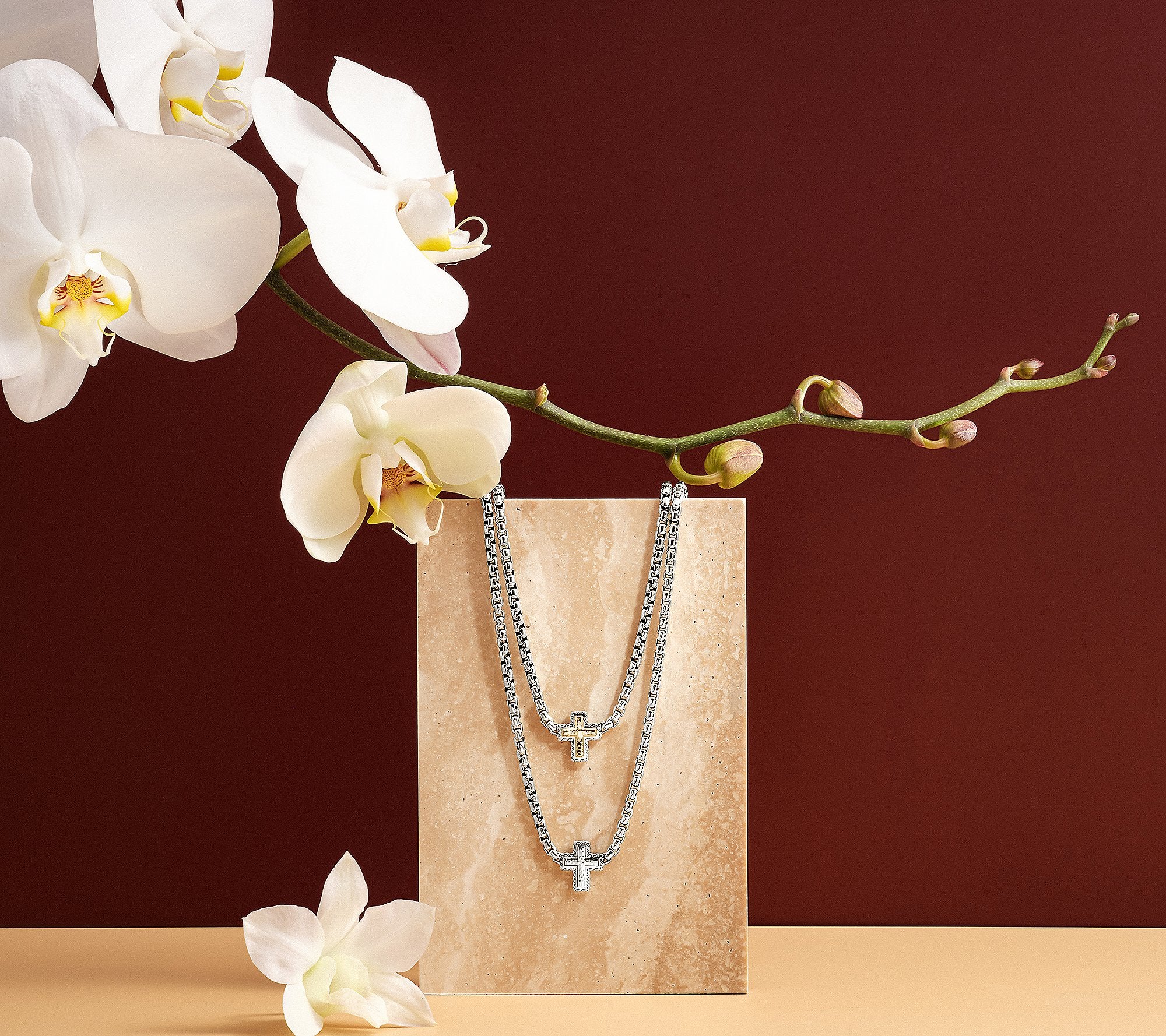 JAI Sterling Silver 3.7mm Box Chain Necklace, Cross