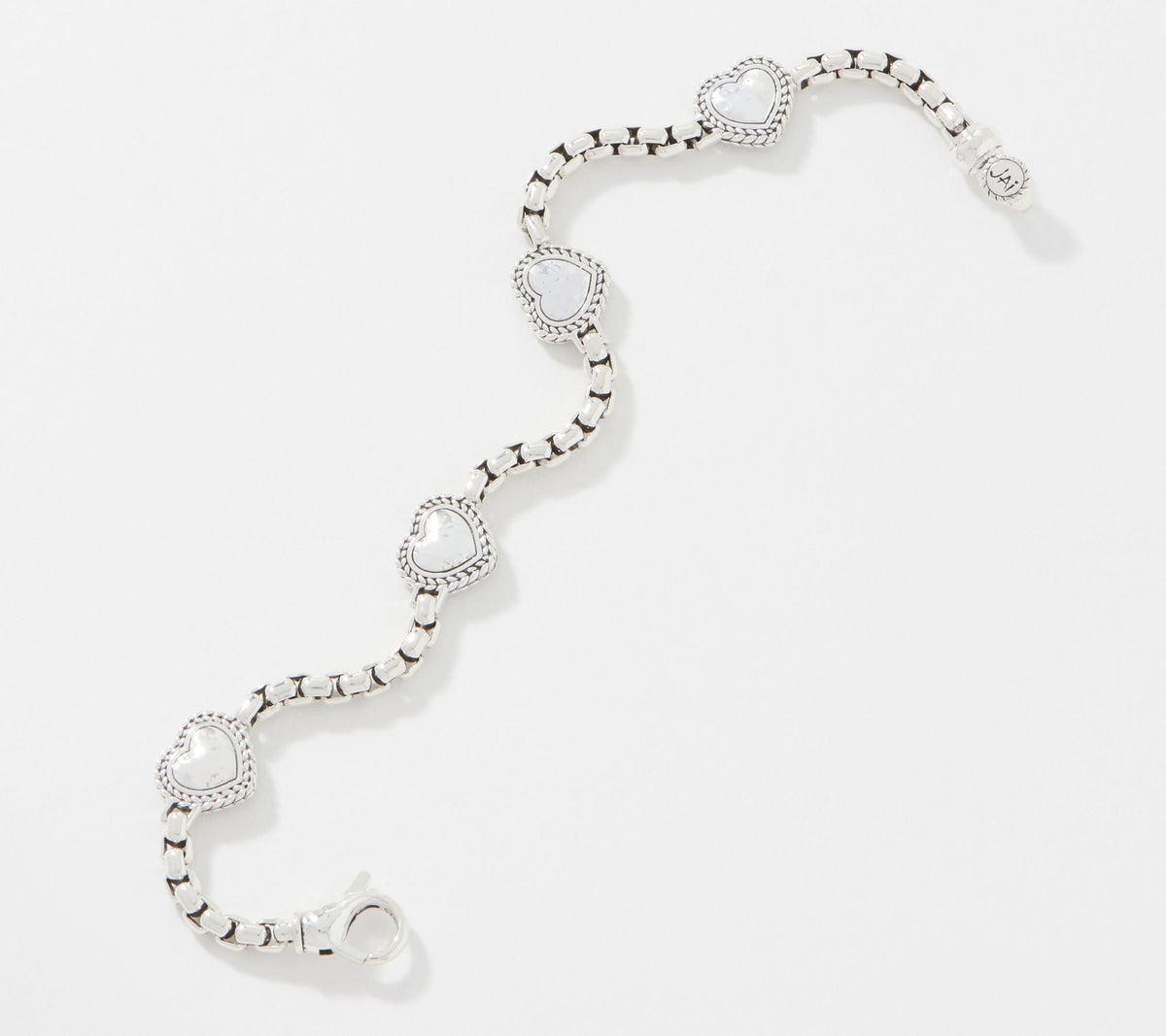 JAI Sterling Silver Heart Symbols 3.7mm Box Chain Bracelet, 6-3/4"