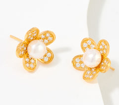 Diamonique Cultured Pearl Pave Daisy Earrings, 18K yellow gold-plated Sterling Silver