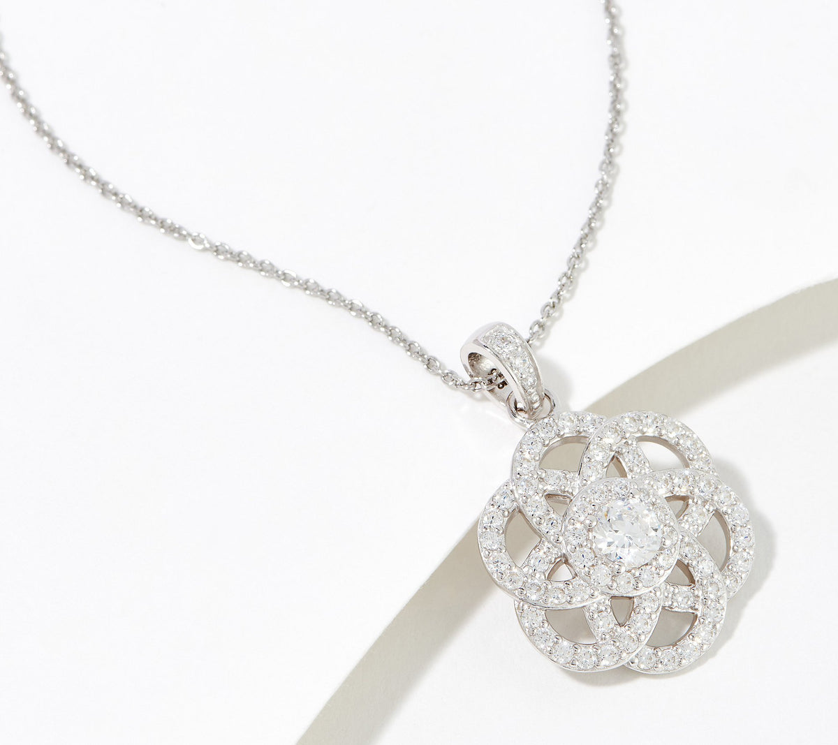 Diamonique Openwork Floral Pendant Necklace, Sterling Silver