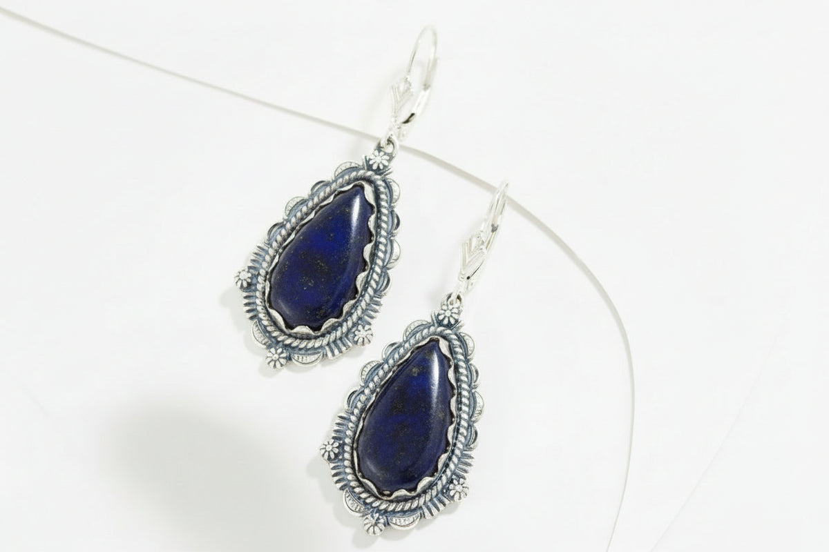 American West Sterling Silver Pear Shape Lapis Lever Back Earrings, 1-7/8"