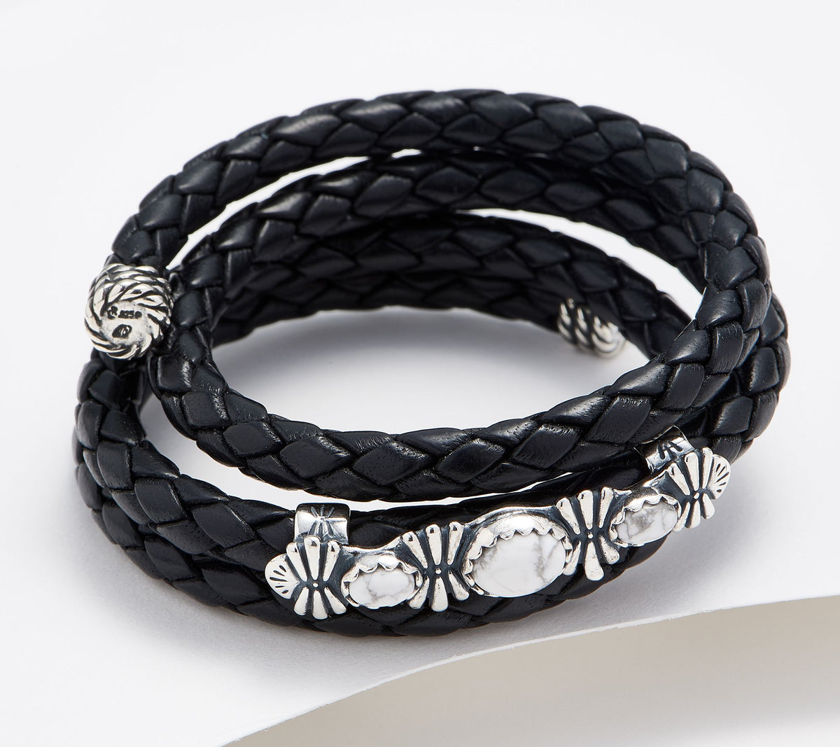 American West Sterling Silver Oval Howlite/Black Gemstone & Leather Coil Bracelet