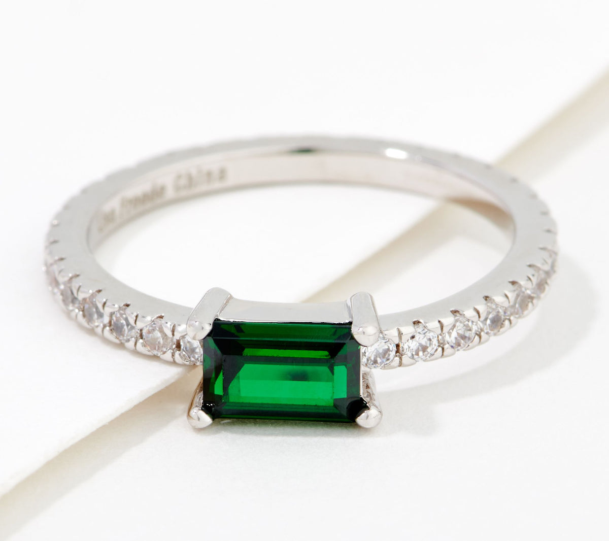 Diamonique x Lisa Freede Silvertone Green Emerald Baguette Ring, Size 6