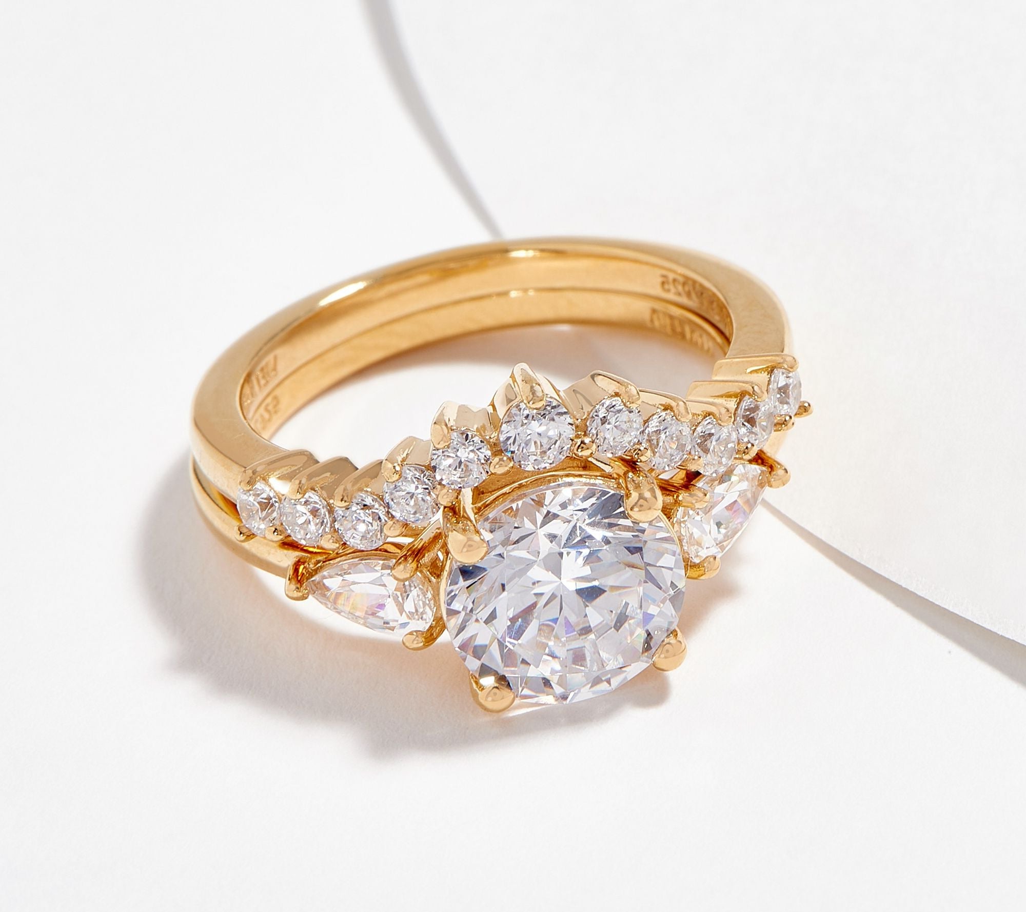 Diamonique Sterling Silver Goldclad Round and Pear Bridal Ring Set, Size 7