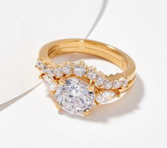 Diamonique Sterling Silver Goldclad Round and Pear Bridal Ring Set, Size 7