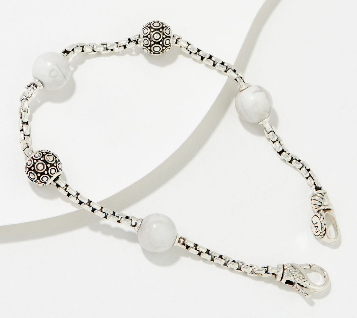 JAI SS Kalahari & White Howlite Gemstone Bead 2.7mm Box Chain Bracelet X-Large