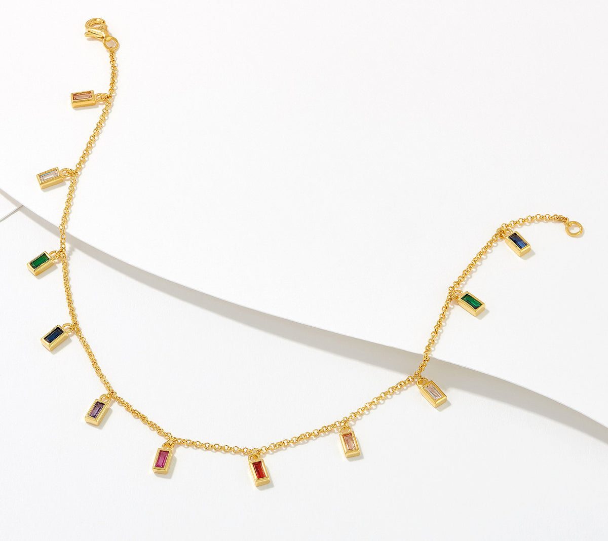 Diamonique Rainbow Baguette Dangle Anklet, GP Sterling Silver, 12"