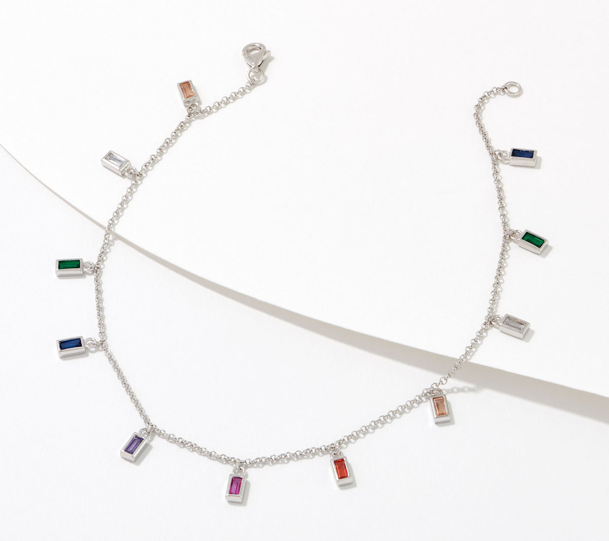Diamonique Rainbow Baguette Dangle Anklet, Sterling Silver, Size 10