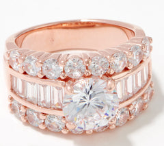 Diamonique Round and Baguette Bridal Rose-Clad Sterling Silver Ring Size 8