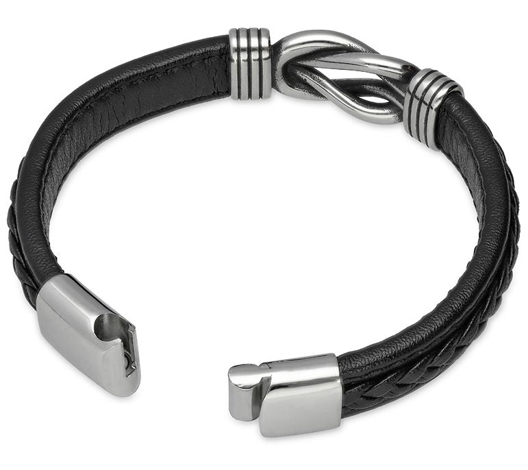 Or Paz Men's Stainless Steel Knot Black Leather Bracelet