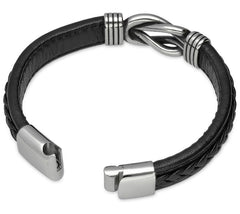 Or Paz Men's Stainless Steel Knot Black Leather Bracelet