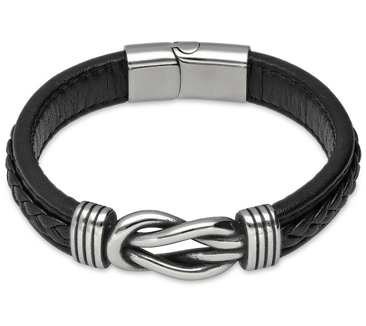 Or Paz Men's Stainless Steel Knot Black Leather Bracelet