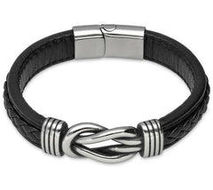 Or Paz Men's Stainless Steel Knot Black Leather Bracelet