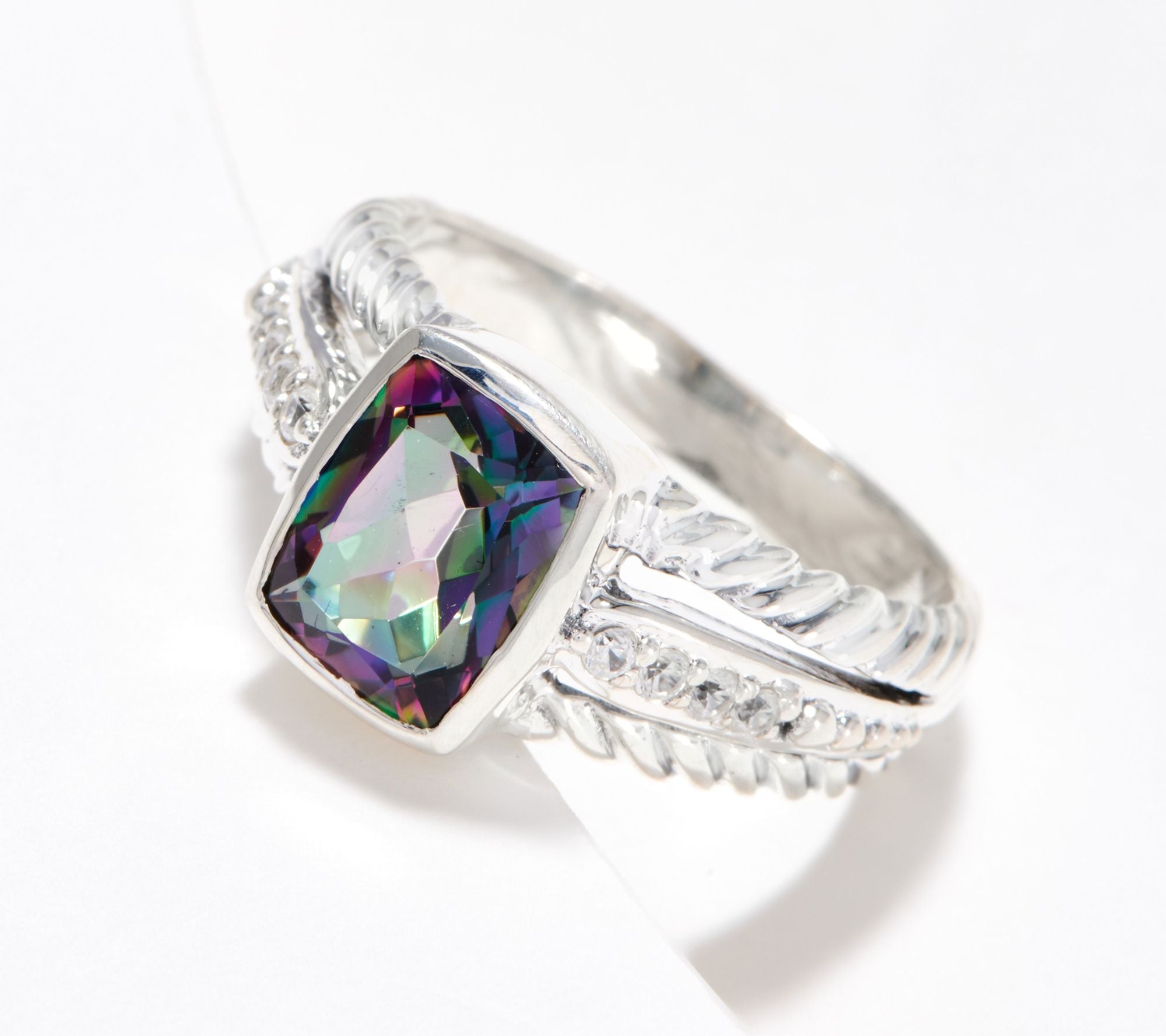 Artisan Crafted Sterling Silver Cushion Green Quartz Cable Ring, Size 7