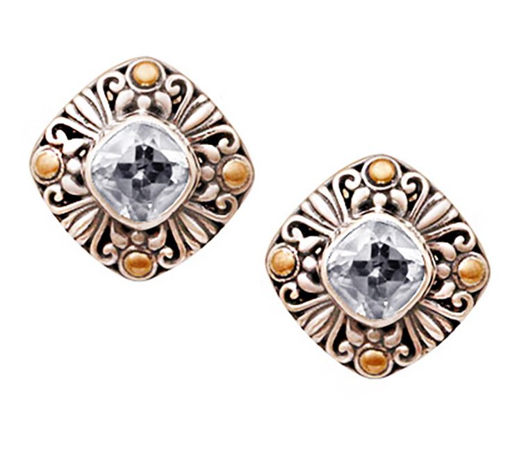 Artisan Crafted Sterling Silver Two-Tone White Topaz Stud Earrings, 1/2"