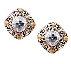 Artisan Crafted Sterling Silver Two-Tone White Topaz Stud Earrings, 1/2"