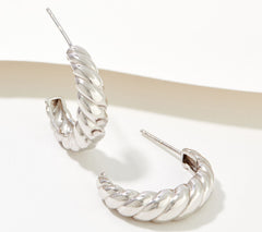 Silver Style Polished Croissant Twist Hoop Earrings, Rhodium-Plated Sterling Silver