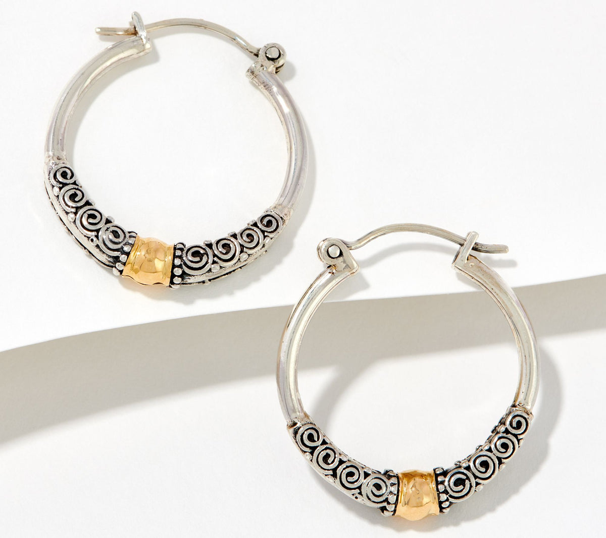 Artisan Crafted Sterling Silver & 18K Gold Filigree Accent Hoop Earrings, 1"