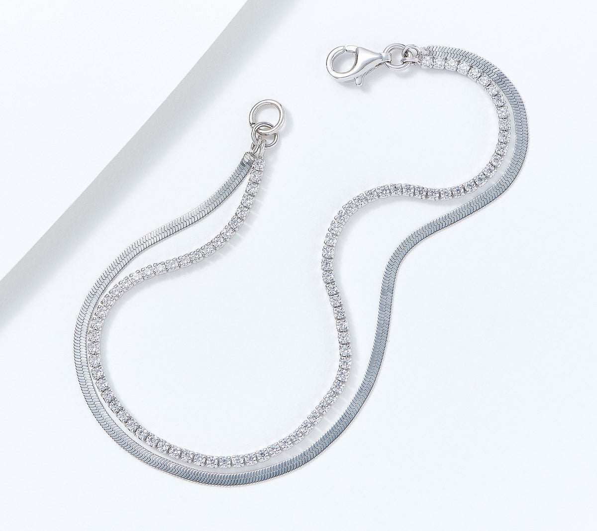 Diamonique Tennis and Herringbone Double Bracelet Sterling, 7-1/4"