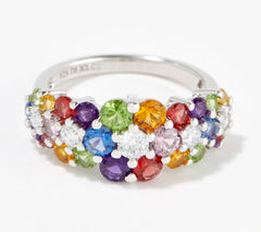 Diamonique Cluster MultiColor Flower Band Ring, Sterling Silver Size 6