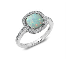 Diamonique Sterling Silver Opal Halo Ring Size 7"