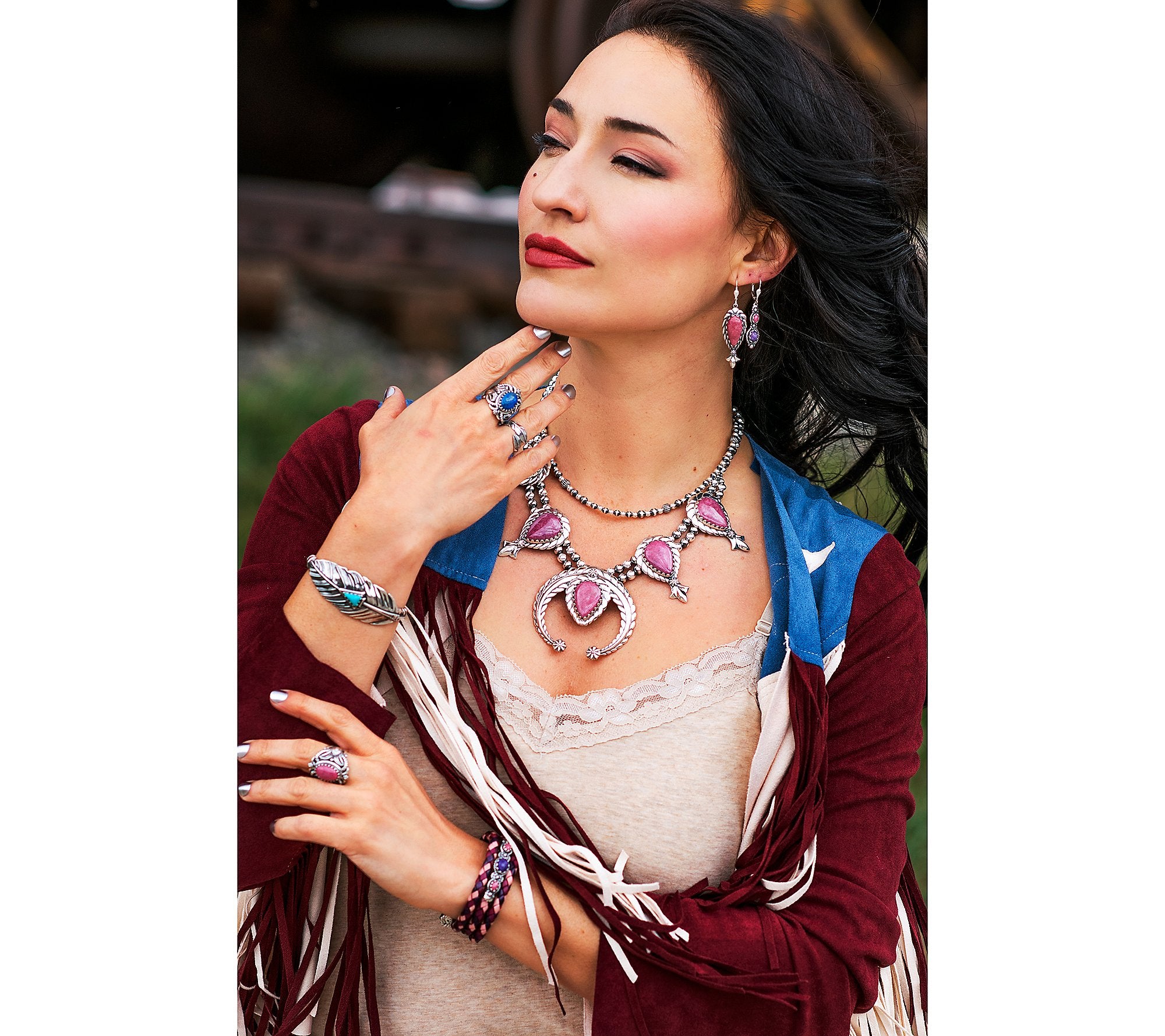 American West Sterling Silver Rhodonite Gem Squash Blossom Necklace